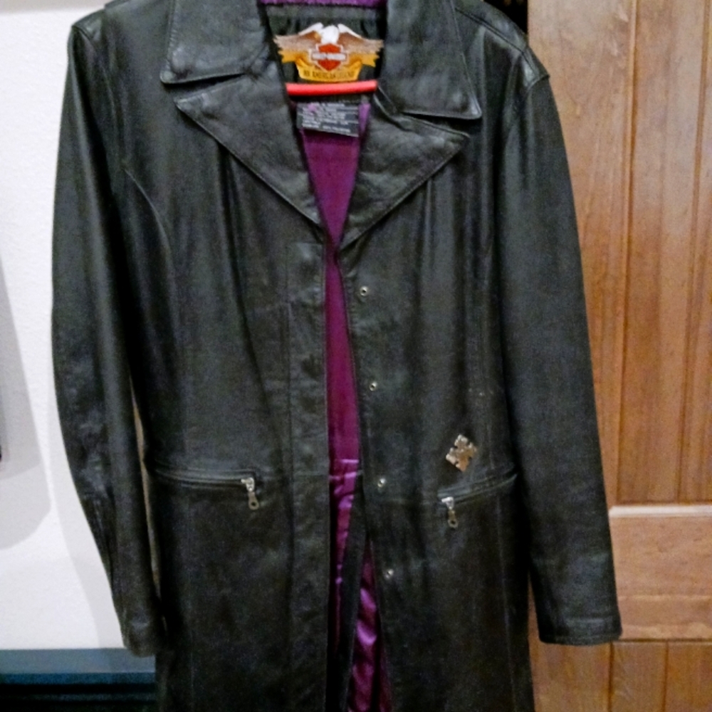Women's Harley Davidson Leather Trench Coat Black Size Medium